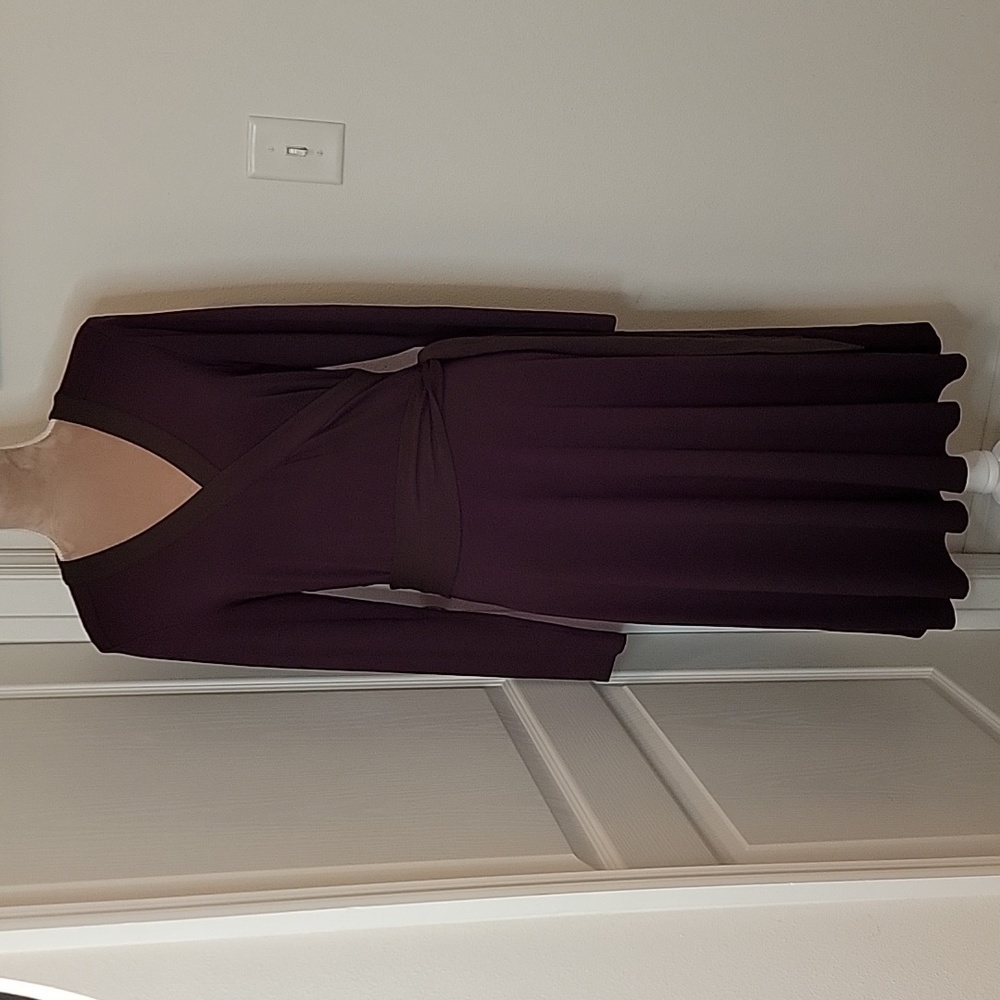 Talbots Size 8 Purple with Brown Trim Faux Wrap Dress.  Long Sleeve